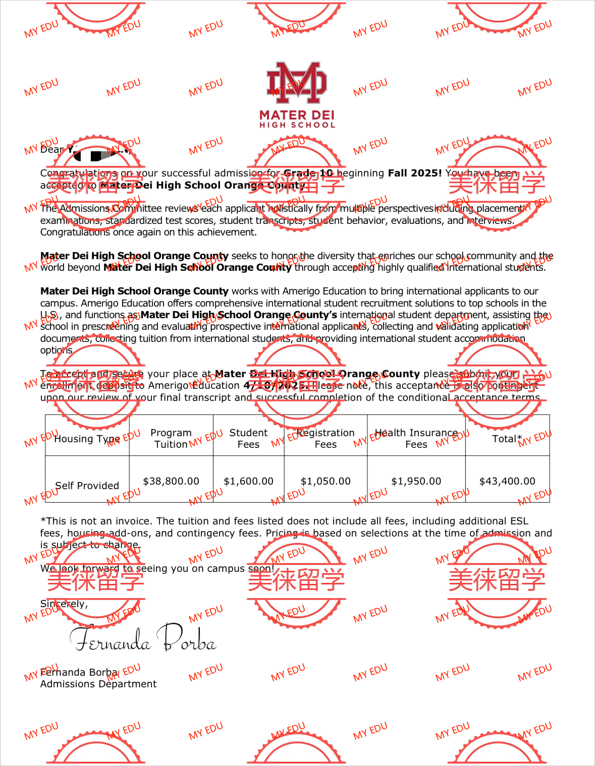 美高录取 | 美徕学子喜获美国梅特德伊高中（Mater Dei High School）录取